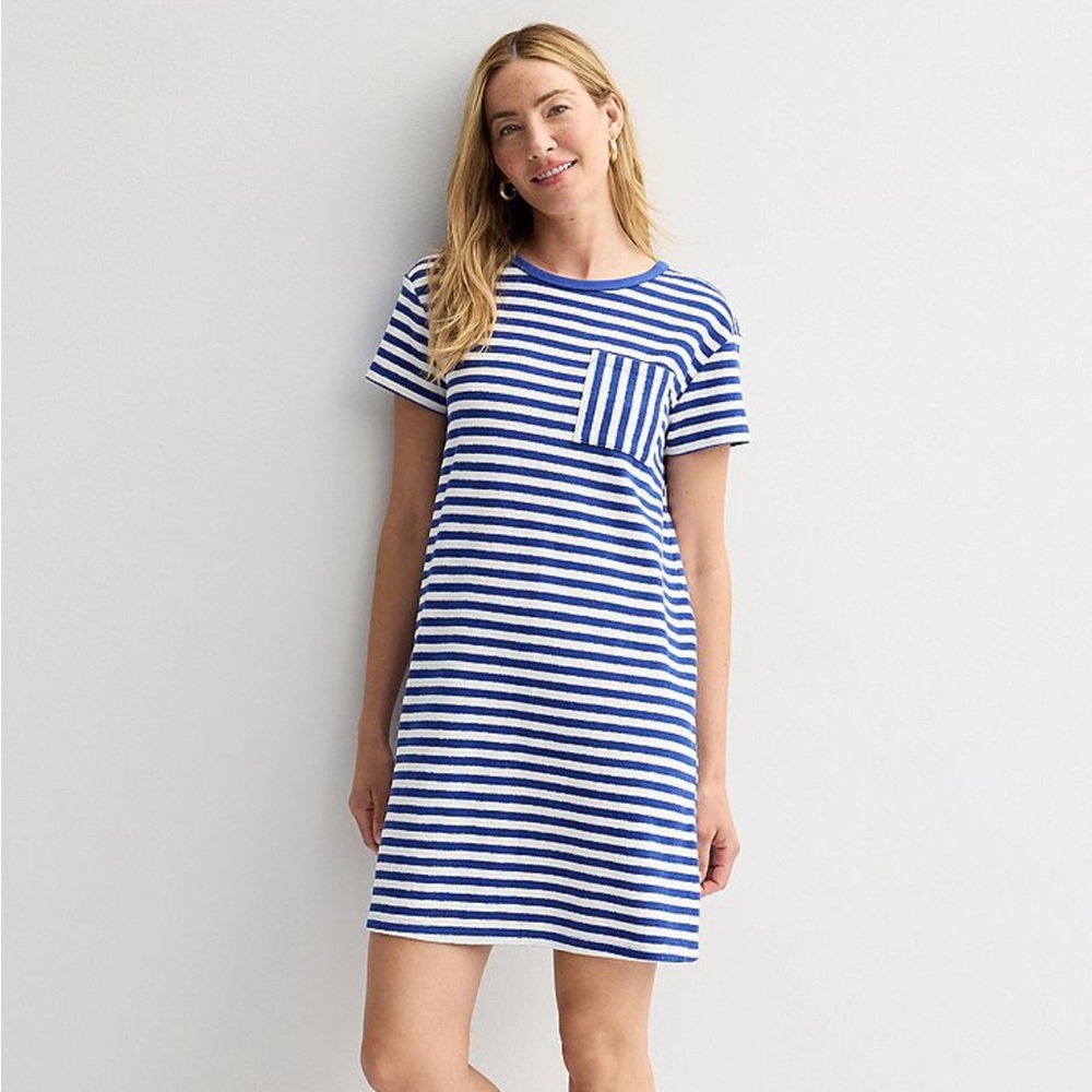 NWT Towel Terry Crewneck Mini Dress. Size 0X. Blue/white stripes. Front pocket.
